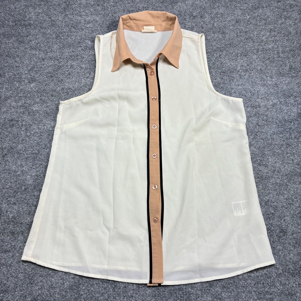 Coincidence & Chance Womens Sz.M Beige/Brown Button‎ Front Chiffon Blouse